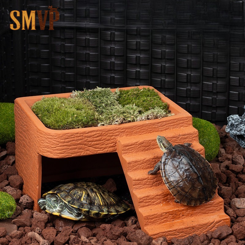 Hide Cave Ceramic - 水槽用カメ日光浴台 天然テラコッタ製 爊這動物用隠れ家 滑り止め付きクライミングラダー付き 水中カメ用装飾品